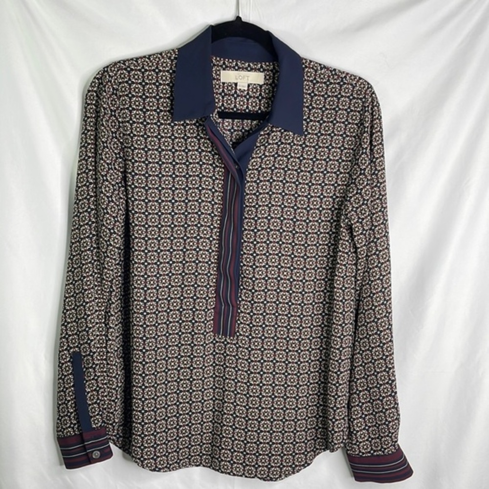 LOFT Navy and White Patterned Blouse